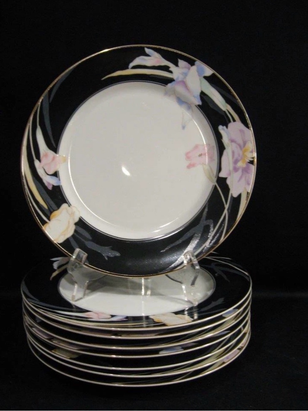 Mikasa Black Dinner Plates with Pastel Floral Accents and Gold Trim